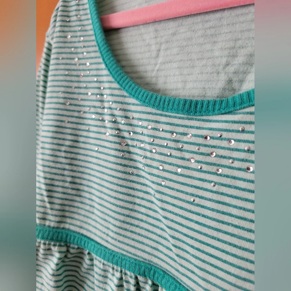 Justice Light & Dark Teal Green Striped Long Sleeve Babydoll Top Shirt Gems 8